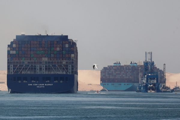 FILE PHOTO: CMA CGM Louis Bleriot and a Maersk Line container ship pass through the Suez Canal in Ismailia, Egypt July 7, 2021. Picture taken July 7, 2021. REUTERS/Amr Abdallah Dalsh