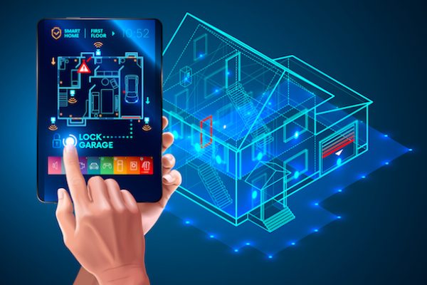 IOT. Smart home system application interface. 3d house plan x-ray. Hand touching on tablet screen. Control locks doors and windows over internet of things with tablet application. Security Home System