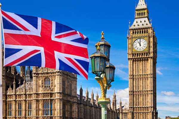 British flag, Big Ben, Houses of Parliament and British flag composition